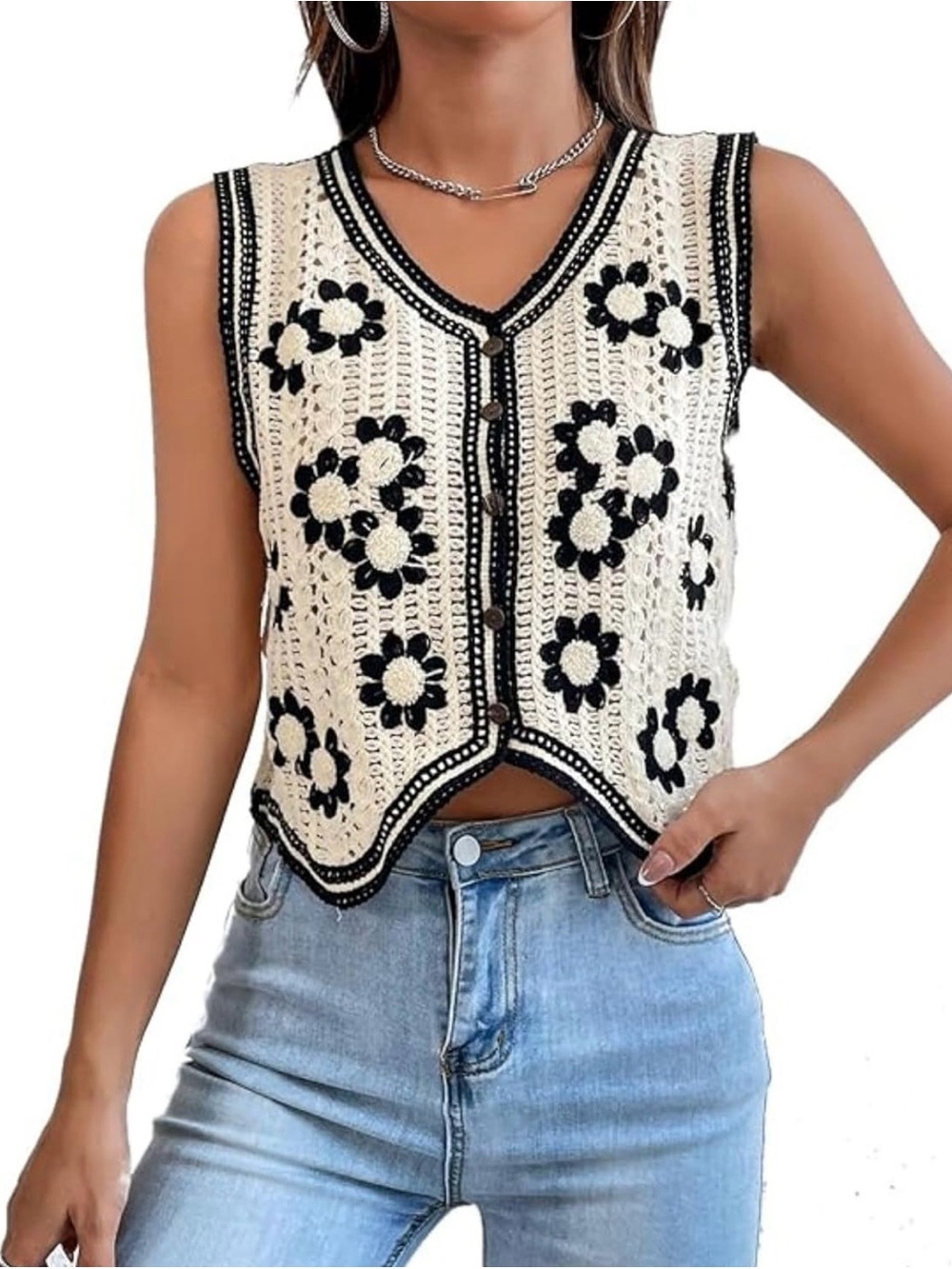 Amazon Cream and Black Crochet Floral Button-Front Vest